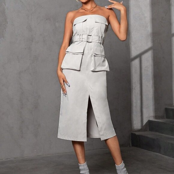Light Grey Casual Womens Flap Pocket Split Thigh Belted Tube Dress - Picture 4 of 5